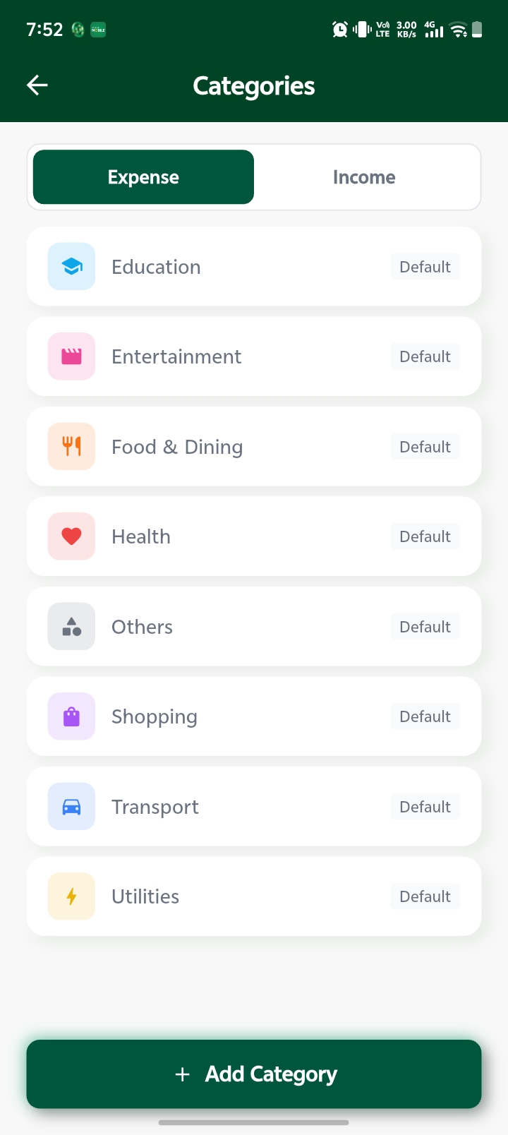 Categories screen listing expense categories