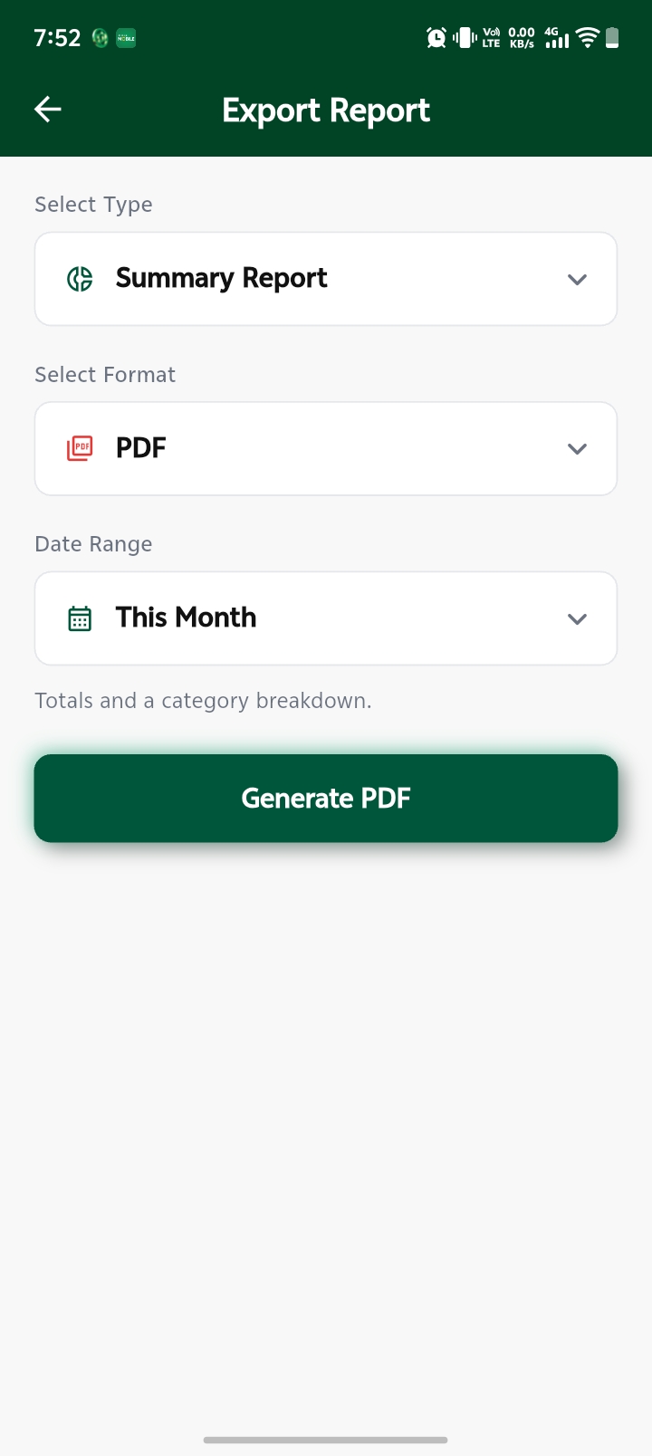 Export Report screen with PDF export