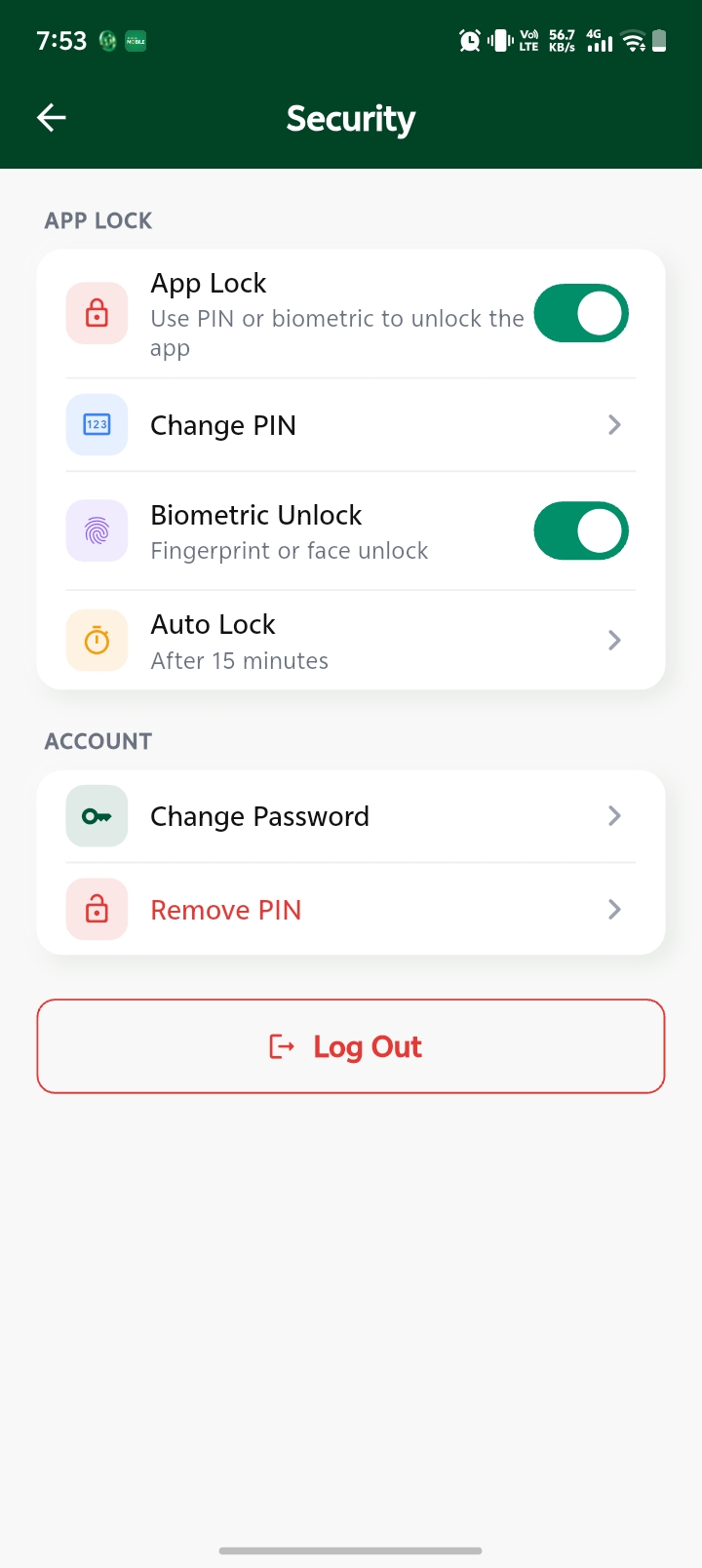 Security settings with App Lock and biometric unlock