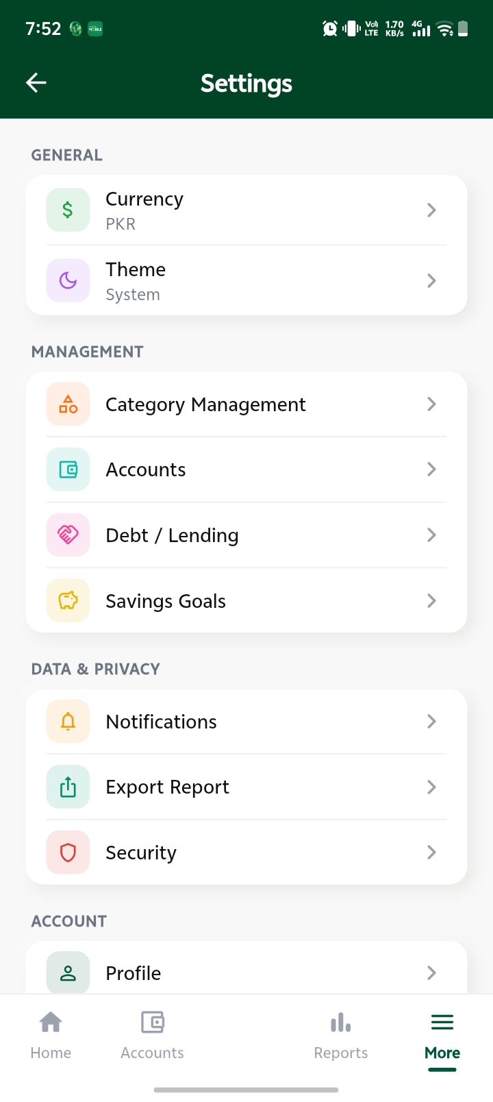 Settings screen